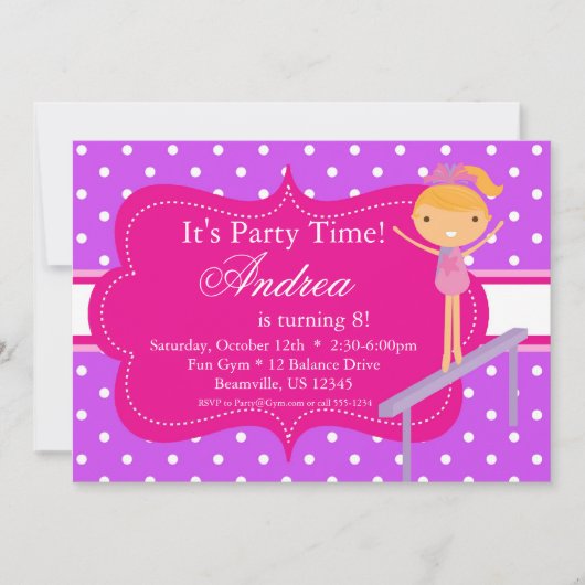 ピンクnの紫色の水玉模様の誕生日のパーティの招待状 招待状 (正面)