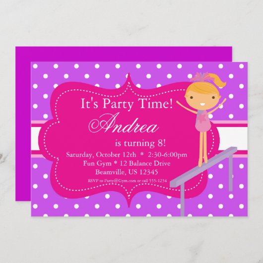 ピンクnの紫色の水玉模様の誕生日のパーティの招待状 招待状 (正面/裏面)