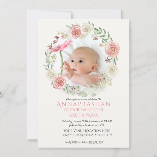 ピンクnアイボリーバラリースアンナパラシャンベイビーガール 招待状 (正面)