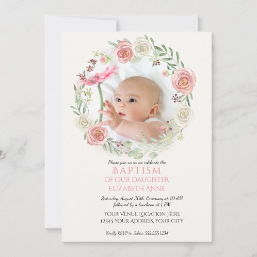 ピンクnアイボリーバラリース乳児バプティスベビーガール 招待状 (正面)
