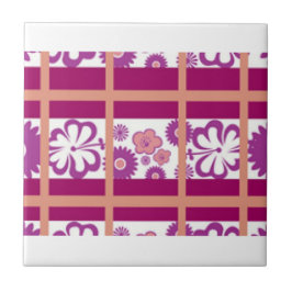 ピンクnパープルストライプのプレイドフローラタイルデザイン タイル