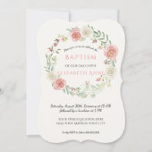ピンクnホワイトローズリース乳児バプティスマベビーガール 招待状 (正面)