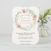ピンクnホワイトローズリース乳児バプティスマベビーガール 招待状 (スタンド正面)