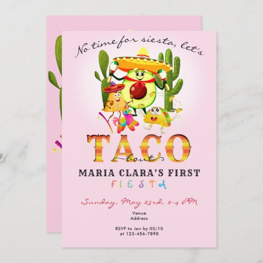 ピンクNo Time For Siesta First Fiesta 1st Birthday 招待状 (正面/裏面)