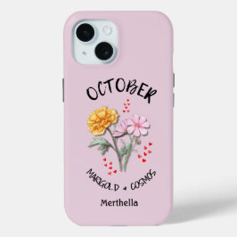 ピンクOCTOBER誕生月花名前をカスタムする iPhone 15ケース