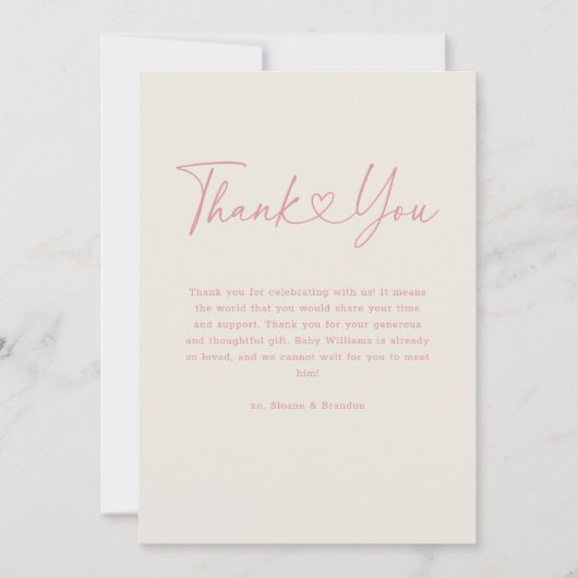 ピンクOhベビーハート書道シンプル赤ちゃんシャワー サンキューカード (正面)