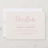 ピンクOhベビーハート書道シンプル赤ちゃんシャワー 招待状 (正面)