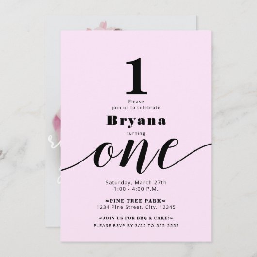 ピンクONE 1st誕生日フォトカラーミニマル 招待状 (正面/裏面)