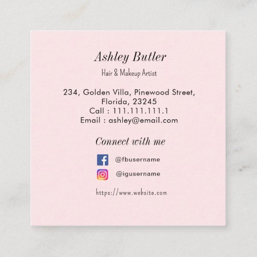 ピンクQRコード美しいメイクアップアーティスト スクエア名刺 (裏面)