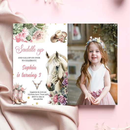 ピンクRodeo西カウボーイ誕生日パーティーの写真 招待状