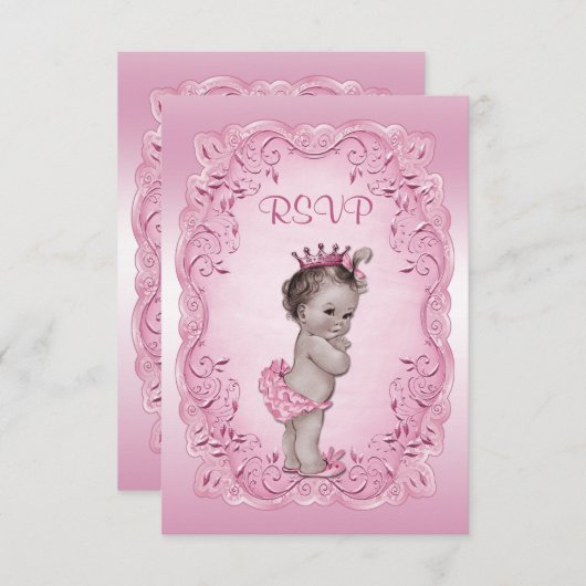 ピンクRSVPのヴィンテージのプリンセスのベビーシャワー 出欠カード (正面/裏面)