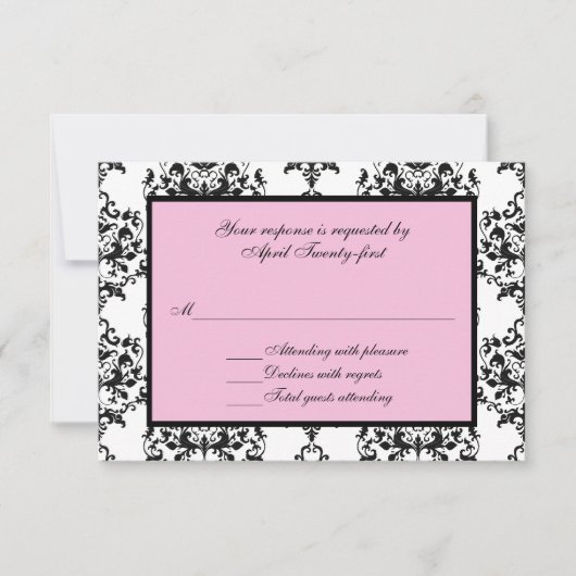 ピンクRSVPの応答カードが付いている黒く及び白いダマスク織 出欠カード (正面)