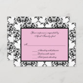 ピンクRSVPの応答カードが付いている黒く及び白いダマスク織 出欠カード (正面/裏面)