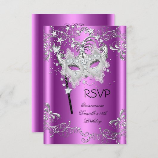 ピンクRSVPキンセアニェラ15thパーティーマスカレード 出欠カード (正面/裏面)