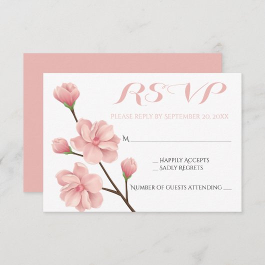 ピンクRSVPフローラさくらんぼ花婚式の花 出欠カード (正面/裏面)