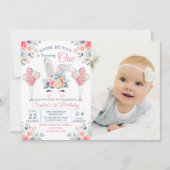 ピンクSome Bunnyフローラバルーン1stバースデーフォト 招待状 (正面)