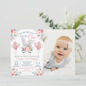 ピンクSome Bunnyフローラバルーン1stバースデーフォト 招待状 (スタンド正面)