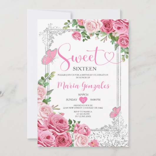 ピンクSweet sixteenシルバー16th Girl Birthday Party 招待状 (正面)