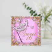 ピンクSweet sixteenスイート16マスカレード金ゴールド 招待状 (スタンド正面)