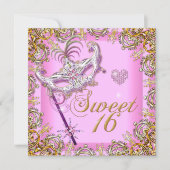 ピンクSweet sixteenスイート16マスカレード金ゴールド 招待状 (正面)