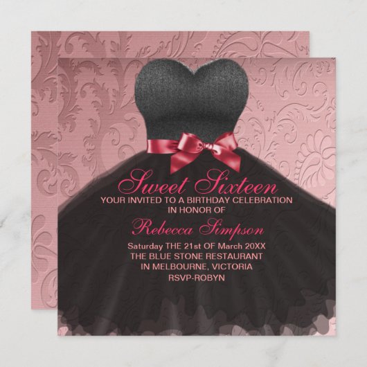 ピンクSweet sixteenブラックドレス誕生日招待状 招待状 (正面/裏面)