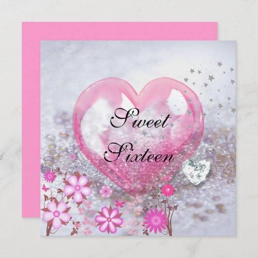 ピンクSWEET SIXTEEN16th誕生日パーティー 招待状 (正面/裏面)