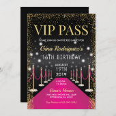 ピンクVIPパス ハリウッド レッドカーペット 誕生日 招待状 (正面/裏面)