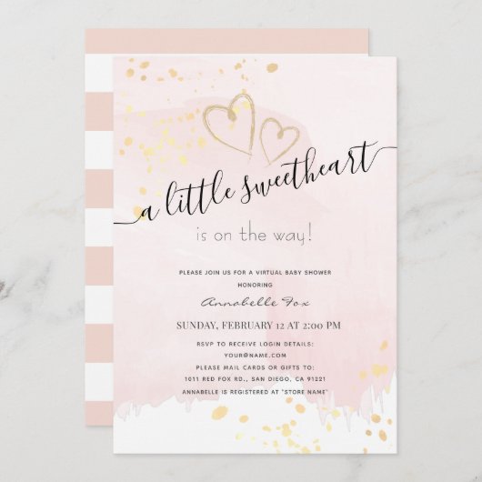 ピンクx金ゴールドスウィートバーチャルベビーシャワー 招待状 (正面/裏面)