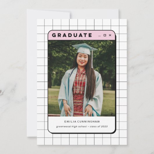 ピンクY2Kレトロコンピューター美的卒業写真 案内状 (正面)