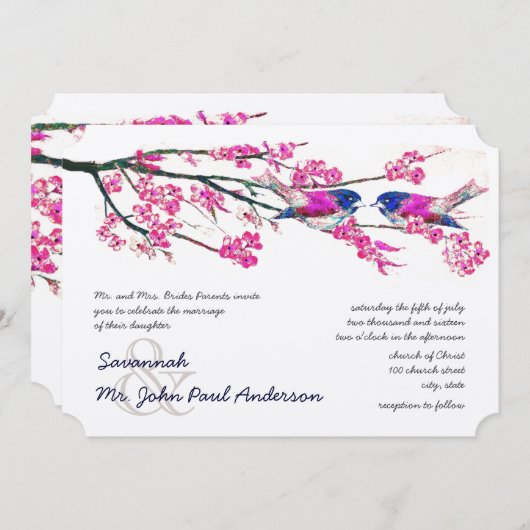 ピンクYarrow Navy Blue Love Bird Forest 結婚's 招待状 (正面/裏面)