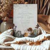 ピンコーンのストリングライト付きのルースチックなフレンドズギビング 招待状