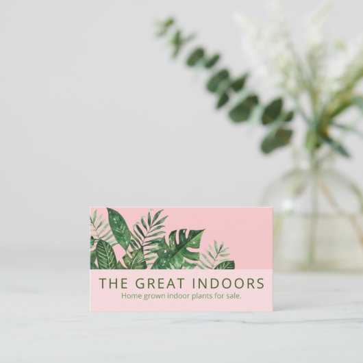 ピンスタイリッシュクグリーン葉が家で育つ屋内植物 名刺 (スタンド正面)