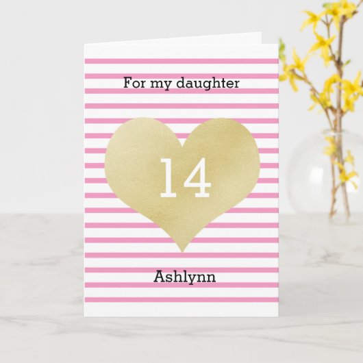 ピンストライプのクと金ゴールドハート14番目の誕生日娘 カード (黄色い花)