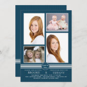 ピンストライプ4フォトブルー卒業招待状 招待状 (正面/裏面)