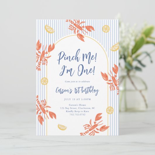 ピンチミーロブスター誕生日沿岸ストライプ 招待状 (スタンド正面)