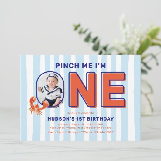 ピンチ私は1人のロブスター写真第1の誕生日 招待状 (スタンド正面)