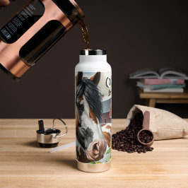 ピントかわいらしブラウンとホワイトホースonファ素朴ーム ウォーターボトル