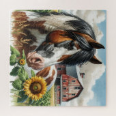 ピントかわいらしブラウンとホワイトホースonファ素朴ーム ジグソーパズル (横)