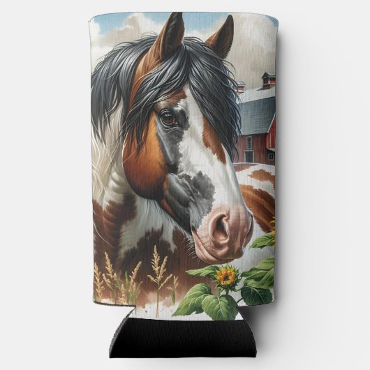 ピントかわいらしブラウンとホワイトホースonファ素朴ーム スリム缶クーラー (裏面)