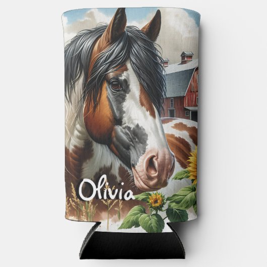 ピントかわいらしブラウンとホワイトホースonファ素朴ーム スリム缶クーラー (正面)
