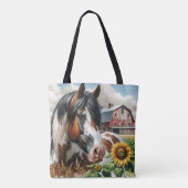 ピントかわいらしブラウンとホワイトホースonファ素朴ーム トートバッグ (裏面)