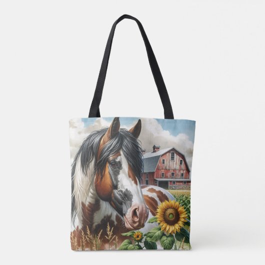 ピントかわいらしブラウンとホワイトホースonファ素朴ーム トートバッグ (裏面)