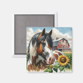 ピントかわいらしブラウンとホワイトホースonファ素朴ーム マグネット (正面/裏面)