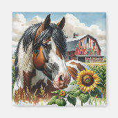 ピントかわいらしブラウンとホワイトホースonファ素朴ーム マグネット (正面)