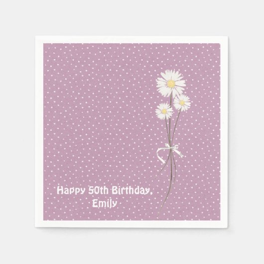 ピンドットデザインとデイジーブーケ スタンダードカクテルナプキン (正面)