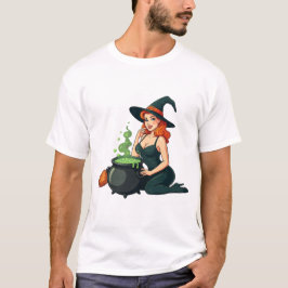 ピンナップ・ウィッチ・ハロウィン・コルドロン・アート・レトロデザイン Tシャツ