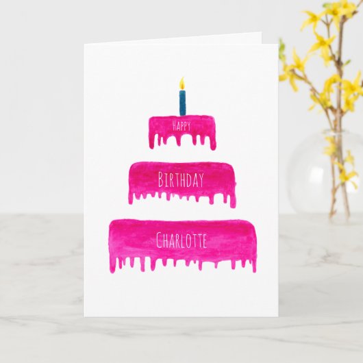 ピンパーソナライズされたクお誕生日ケーキ カード (黄色い花)