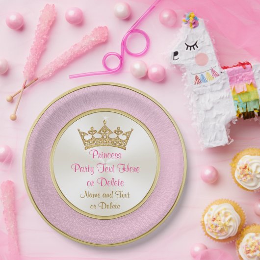 ピンパーソナライズされたクと金ゴールドプリンセス紙プレート ペーパープレート (パーティー)