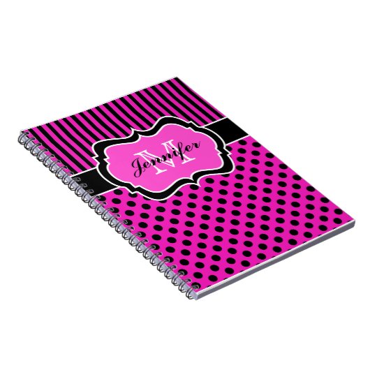 ピンパーソナライズされたク白黒ストライプの水玉模様 ノートブック (右側)