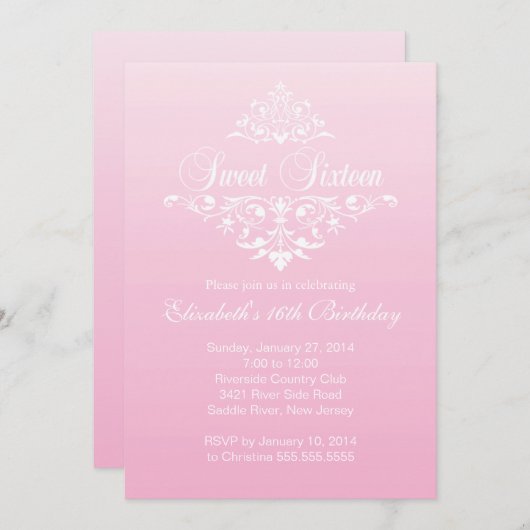 ピンファンシークSweet sixteen誕生パーティー 招待状 (正面/裏面)